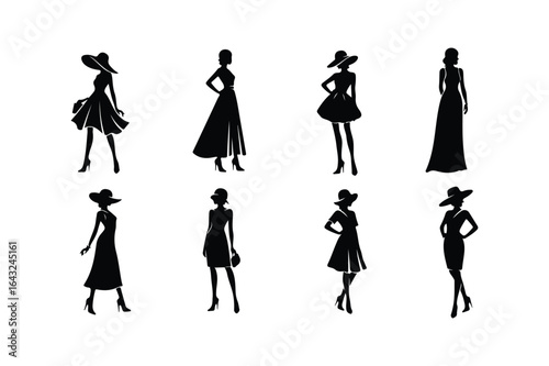 Eight black silhouette fashion women in dresses and hats woman