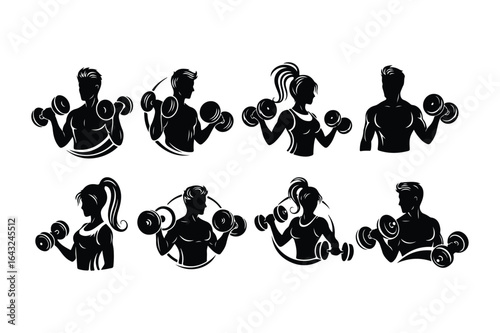 Black silhouette fitness icons of men and women lifting dumbbells workout exercise