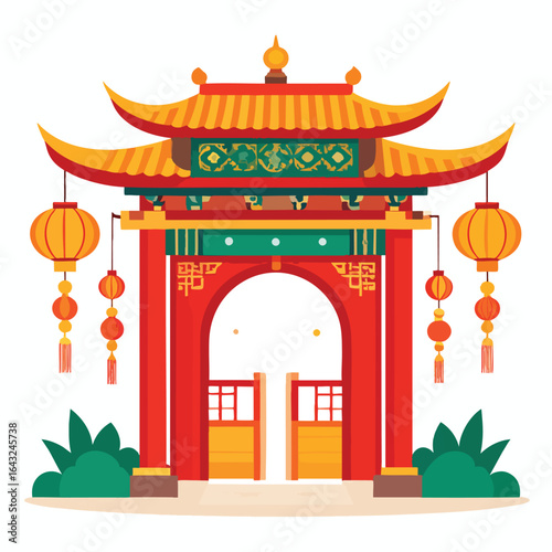 A vibrant illustration of a traditional Chinese gate with ornate details and lanterns.