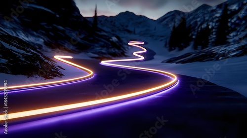 Glowing neon light trails curve through snowy mountain pass at dusk, creating luminous paths against dramatic winter landscape and snow-capped peaks.