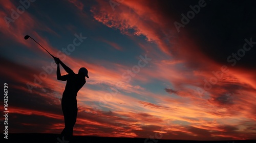 Golf player taking a swing against a vibrant sunset sky filled with clouds and colors in the evening
