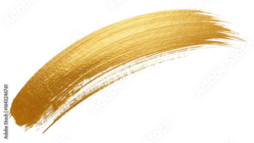 Hyper realistic golden brush stroke with rich texture. A lustrous metallic gold paint swoosh in a curved arc, isolated on a transparent png background.