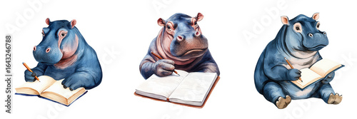 Three cartoon hippos engaged in writing, each holding a notebook and pencil, showcasing different expressions and postures.