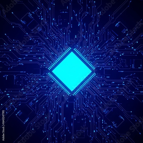 Futuristic glowing blue processor chip at the center of a complex digital circuit board, representing advanced technology and data processing