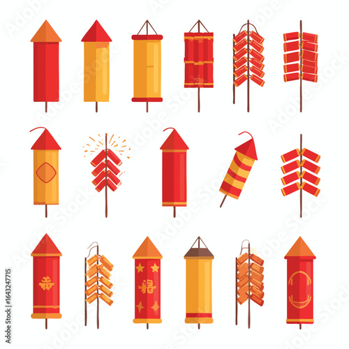 Illustration of various types of firecrackers, some hanging on sticks, in red and yellow colors.