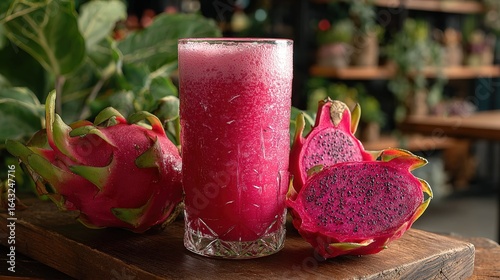 Fresh Pitaya Juice Display with Whole and Sliced Red Pitayas