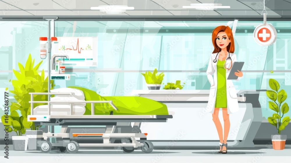 Fototapeta premium Healthcare professional assisting patients in modern hospital room medical environment digital art bright and welcoming atmosphere