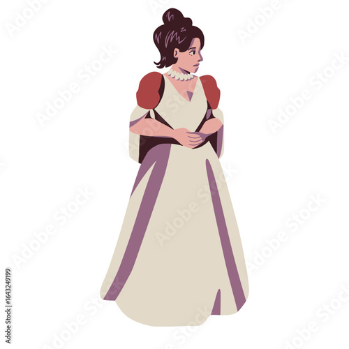 Elegant illustration of a woman in a historical ball gown, a noble lady or princess character design isolated on a white background.