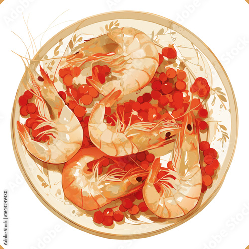 Vector illustration of shrimp pasta with cranberry and herbs, flatlay, top view on white background