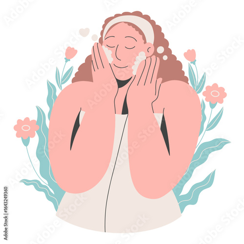 Illustration of a woman applying facial cleanser, enjoying a skincare routine with gentle bubbles and soft pink flowers
