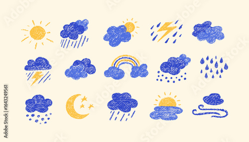 Crayon icons of weather, clouds and sun in sky. Doodle clouds with rain, lightning, snow, storm with chalk texture. Cute summer and winter weather icons drawn with crayon pencils, vector illustration