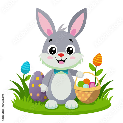 Cute Bunny with Easter Egg Basket Vector Illustration