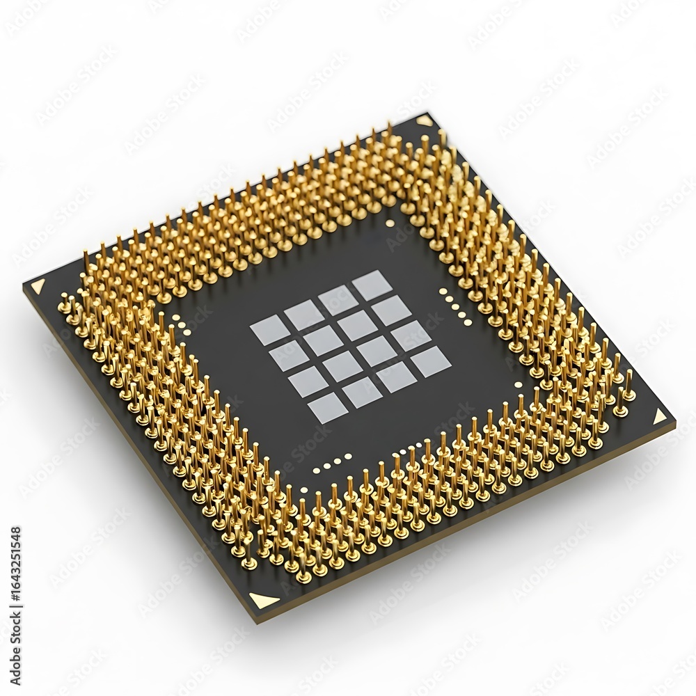 Closeup view of a central processing unit cpu computer chip with numerous gold pins, isolated on a white background Closeup view of a central processing unit cpu computer chip with numerous gold pins, isolated on a white background