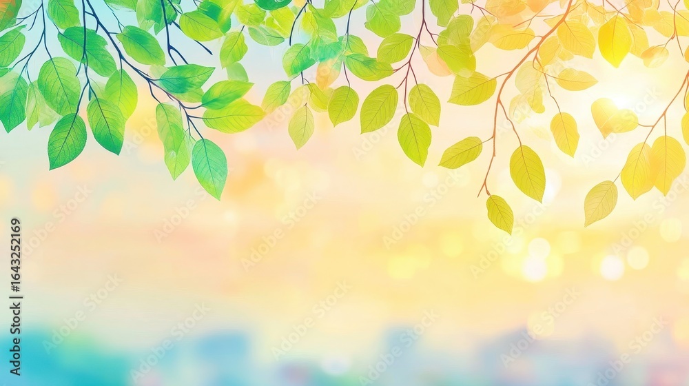 Obraz premium Bright green leaves sunlight abstract background nature. Foliage and sunlight in a summer sky. Spring landscape, fresh green foliage, abstract nature wallpaper, vibrant season, botanical design,