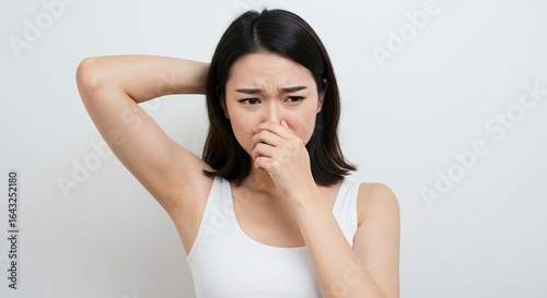 A woman in a white tank top grimaces while holding her nose arm raised in front of a white background