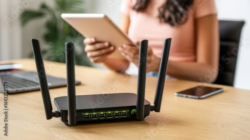 Wireless Internet - A woman using a tablet, with a wifi router in the foreground, symbolizing wireless internet, home office, and digital technology