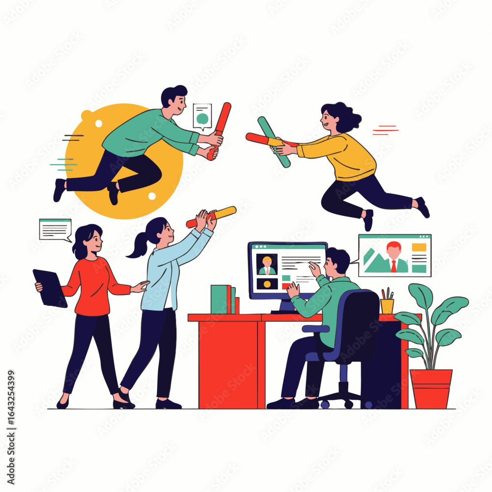 Obraz premium Engaging illustration capturing the essence of modern business dynamics, where individuals navigate competitive challenges through strategic collaboration and teamwork.