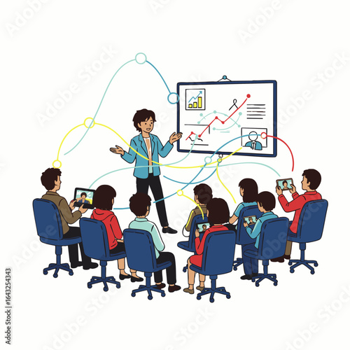 This vibrant illustration depicts a diverse group actively participating in a modern business presentation or educational seminar, highlighting collaborative learning and data.