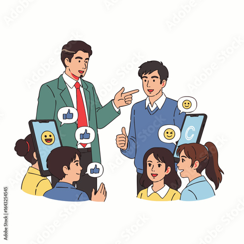 A diverse group of students and a mentor actively participate in a collaborative learning session, incorporating digital tablets with feedback icons.