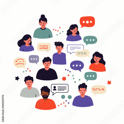 Diverse group of people communicating with speech bubbles, representing global conversation, social networking, and the exchange of ideas in a community.