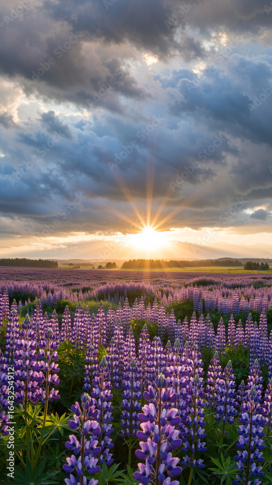 Obraz premium Lavender fields bloom under a stunning sunset sky in a tranquil landscape