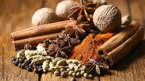 Fototapeta Naklejka Na Ścianę i Meble -  Aromatic array of spices including anise stars, cinnamon sticks, cardamom, and nutmeg on wood.