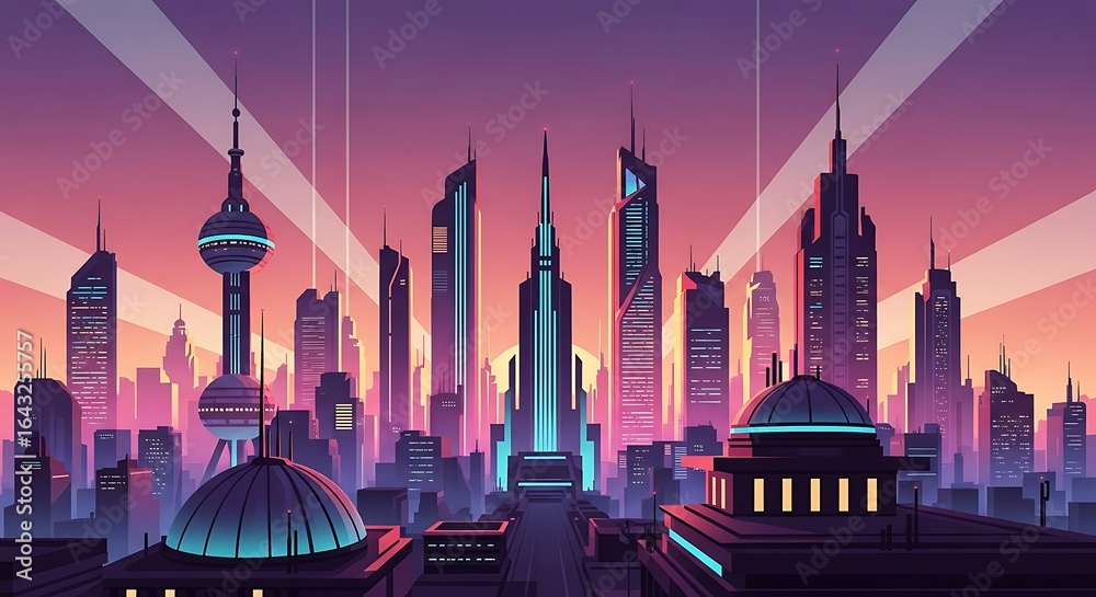 Fototapeta premium Retro Futuristic City Skyline at Sunset with Neon Colors in Vector Icon Style
