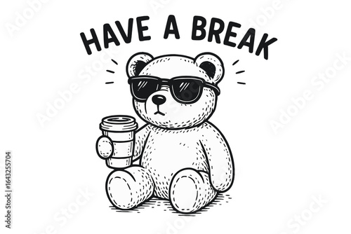 Cute teddy bear relaxing with sunglasses and coffee cup while promoting leisure and enjoyment during a break