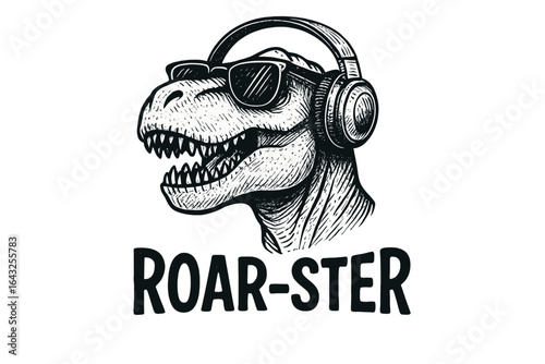 Funny dinosaur wearing headphones and sunglasses in a playful design for a music-themed illustration