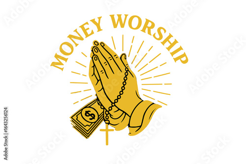 Concept of money worship illustrated with hands in prayer and symbols of wealth and faith