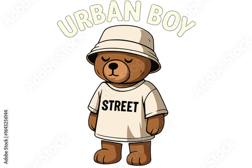 Cartoon bear character dressed in urban style with bucket hat and streetwear message