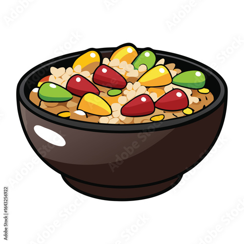 A delicious bowl of colorful rice with assorted toppings presented in a simple cartoon style