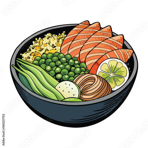 Vibrant and healthy salmon poke bowl illustration featuring fresh ingredients and a slice of lime