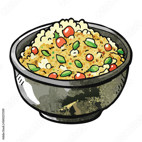 A delicious bowl of flavorful fried rice with vegetables and tomatoes illustrated in a cartoon style