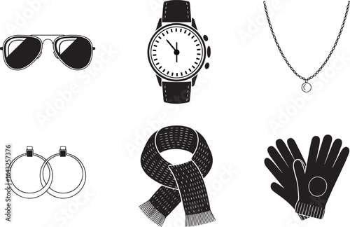 Black accessory icons sunglasses watch necklace scarf gloves earrings vector