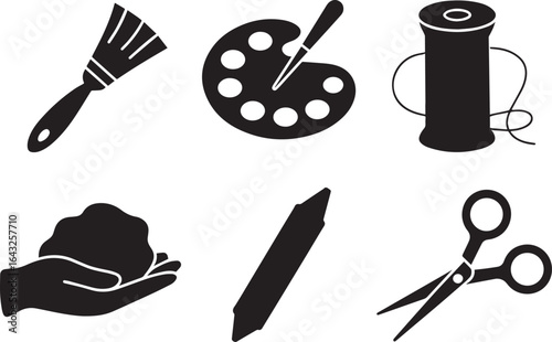 Black silhouette icons of art and craft supplies tools paint