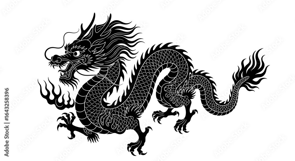 Naklejka premium Traditional Asian Dragon Vector Illustration in Black Silhouette with Detailed Scales and Claws