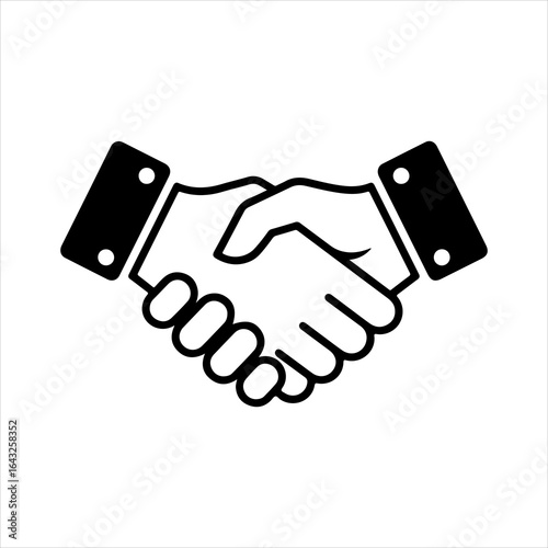 Black and white icon of two hands shaking in agreement on white background handshake business