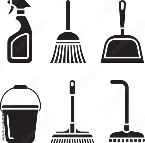Cleaning tools collection monochrome vector icons spray bottle