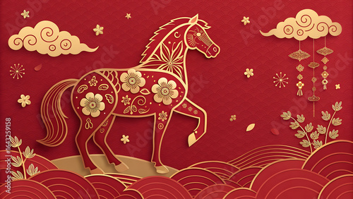 A festive chinese new year illustration features a golden horse amidst red clouds and blossoms, symbolizing prosperity and good fortune for the year of the horse