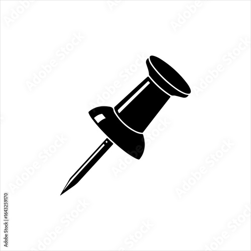 Black drawing pin or pushpin tilted on a white background thumbtack office supply