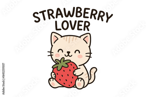 Cute cat character holding a strawberry in a playful design with cheerful text showcasing love for strawberries