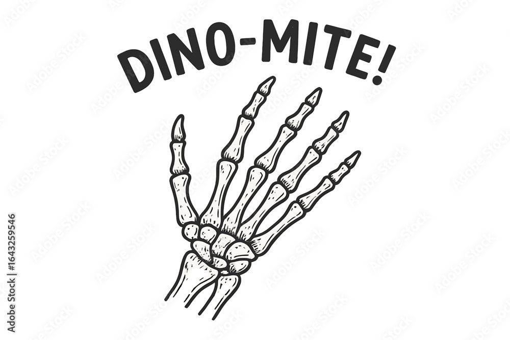 Obraz premium Creative dinosaur-themed artwork showcasing a skeletal hand with playful text in a vibrant design