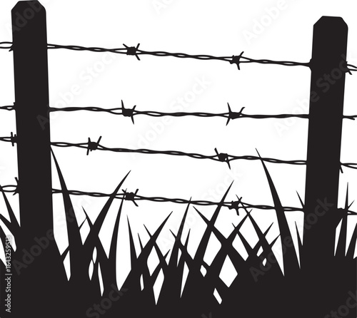 Black and white barbed wire fence silhouette vector illustration