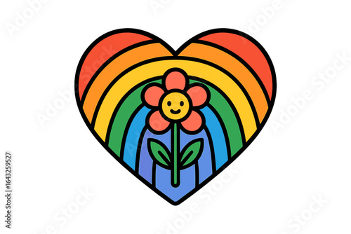Colorful heart design with rainbow and smiling flower created for an uplifting artistic theme