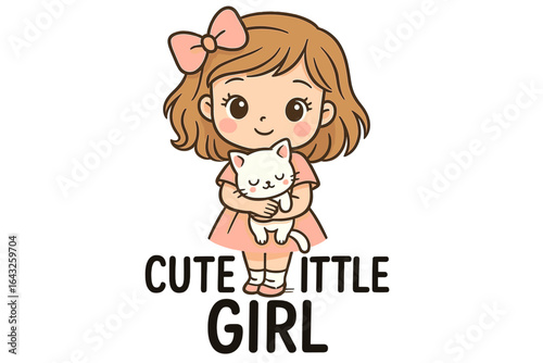 Cute little girl holds a fluffy white cat while smiling brightly in a cheerful illustration of innocence and joy