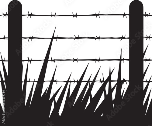 Black and white barbed wire fence silhouette vector illustration