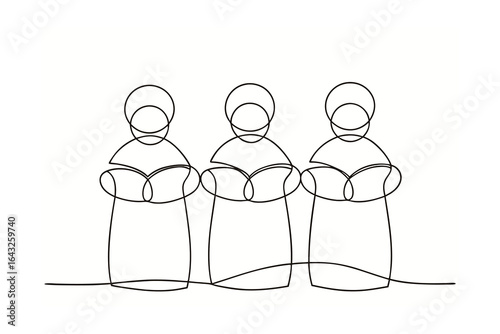 Minimalist single line drawing three people singing carols holding books carolers