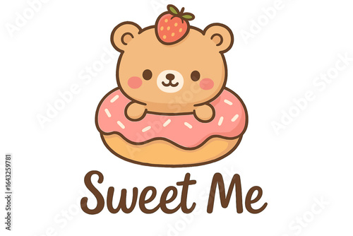 Cute bear character sitting on a pink donut with a strawberry topping in a playful, colorful design