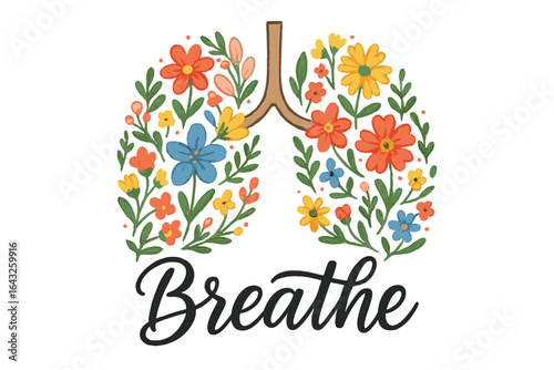 Lungs adorned with vibrant flowers promoting wellness and tranquility in a serene environment
